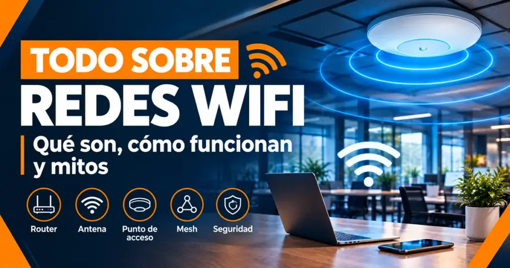 Access point WiFi empresarial en el techo de una oficina con laptop y celular conectados