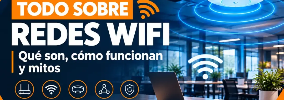 Access point WiFi empresarial en el techo de una oficina con laptop y celular conectados