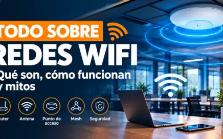 Access point WiFi empresarial en el techo de una oficina con laptop y celular conectados
