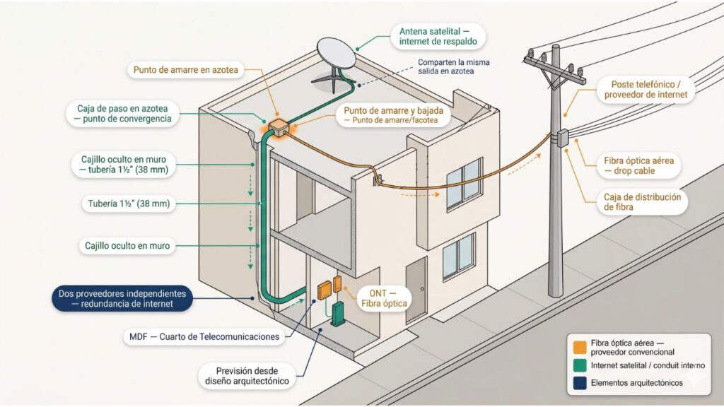 Acometida para internet por postes con fibra aérea curso voz y datos arquitectos