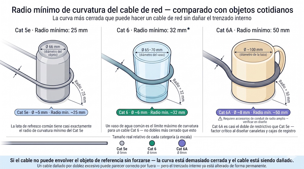 radio mínimo de curvatura de un cable de red cat5e cat6 cat6a