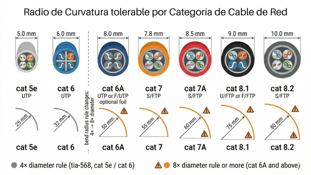 radio de curvatura dobles máximo mínimo de un cable de red cat5e cat6 cat6a