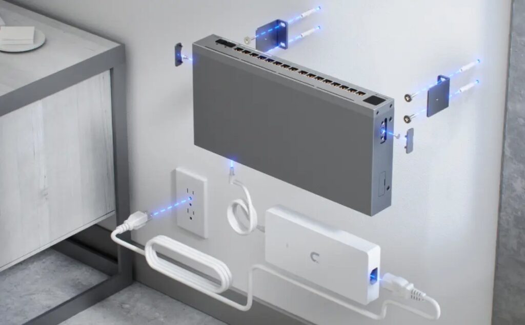 USW-PRO-MAX-16-POE montaje en muro con accesorios