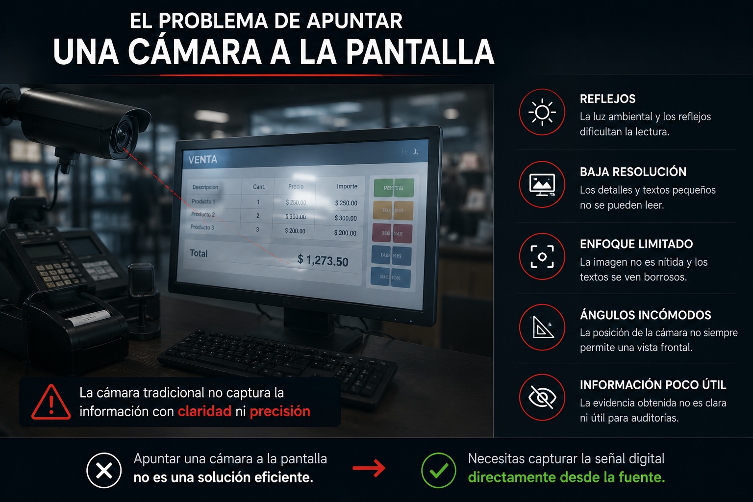 Problemas de utilizar una cámara CCTV apuntando a una pantalla de computadora para auditoría y monitoreo de operaciones.