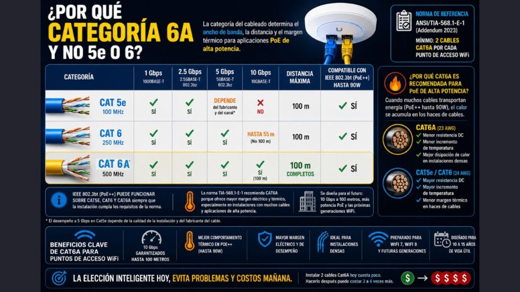 Comparativa entre cable categoría 5e, categoría 6 y categoría 6A para puntos de acceso WiFi, mostrando velocidades Ethernet, compatibilidad con PoE++ y ventajas de Cat6A según TIA-568.1-E-1.