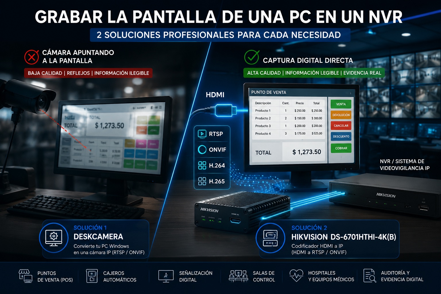 Grabar pantalla de computadora en NVR utilizando DeskCamera y Hikvision DS-6701HTHI-4K(B) para convertir HDMI a RTSP y ONVIF.