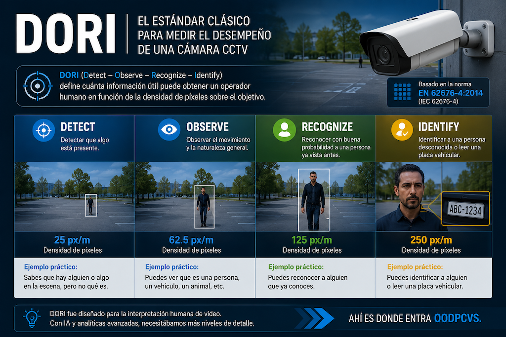 Infografía que explica las etapas Detect, Observe, Recognize e Identify del estándar DORI para cámaras CCTV