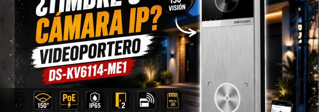 Videoportero Hikvision DS-KV6114-ME1 instalado en una entrada residencial con funciones de cámara IP, PoE, RFID y control de acceso.