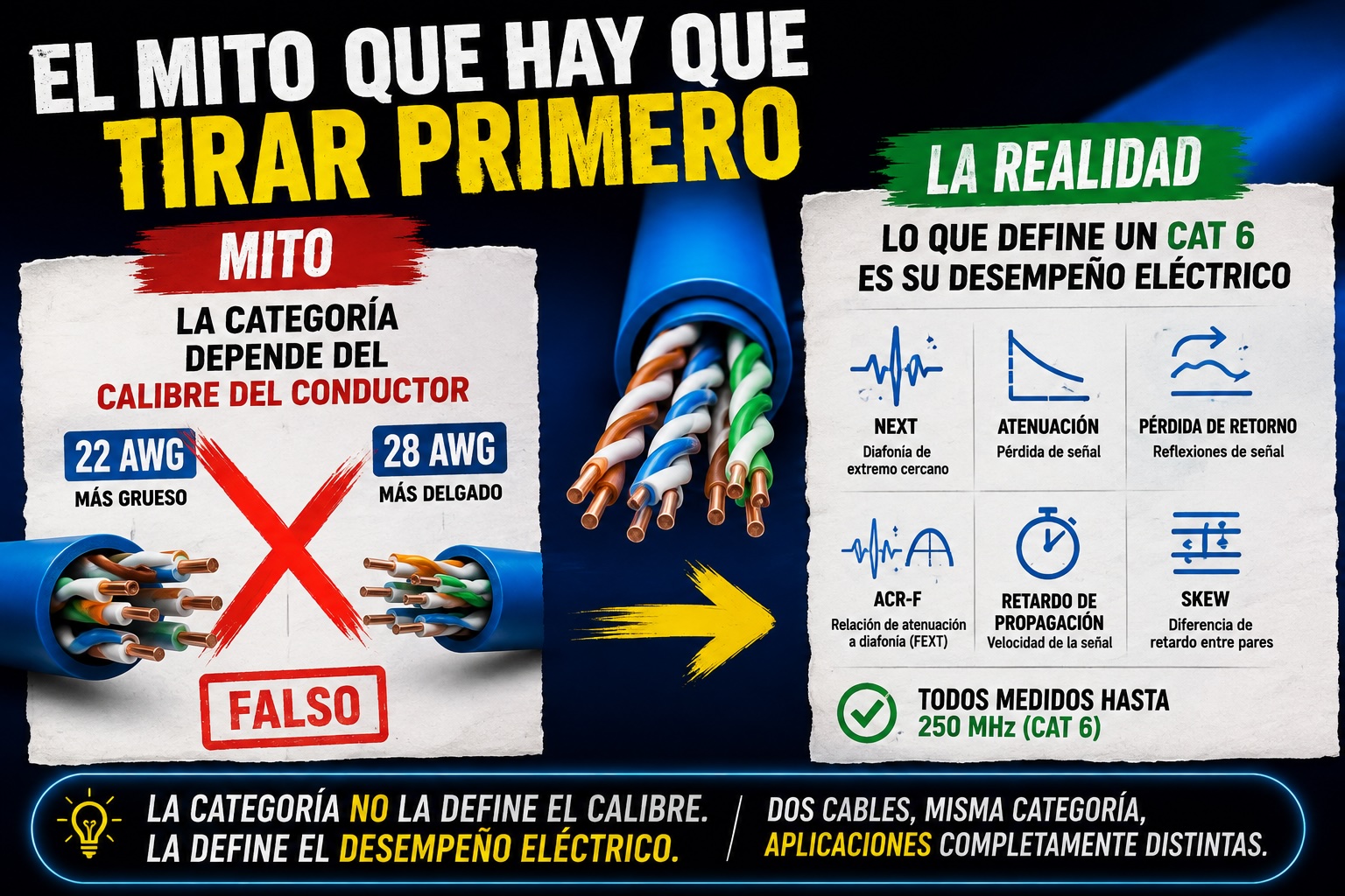 Infografía que explica que un cable Cat6 no se define por su calibre (22 AWG o 28 AWG), sino por su desempeño eléctrico, incluyendo parámetros como NEXT, atenuación, pérdida de retorno y funcionamiento hasta 250 MHz.