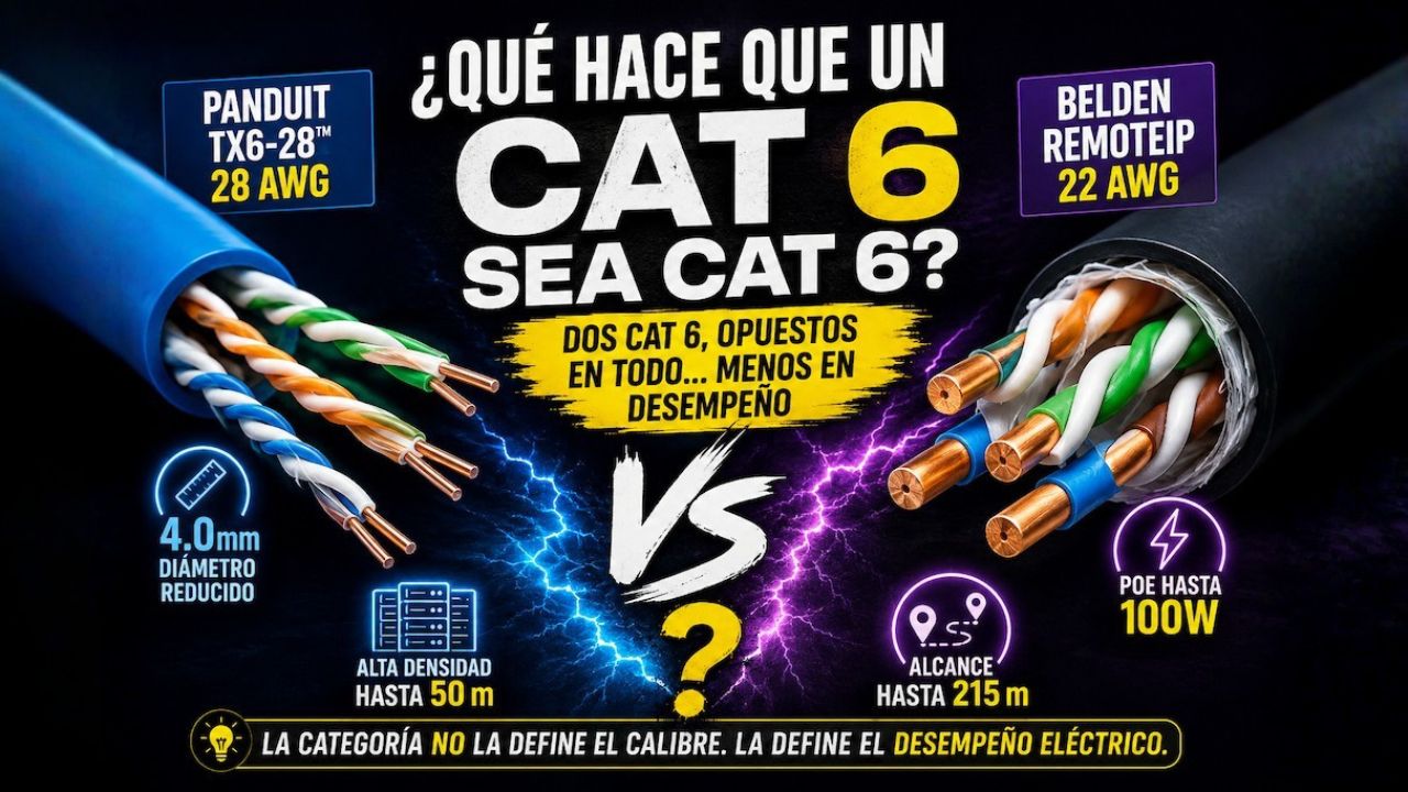 Comparativa entre un cable Cat6 Panduit TX6-28 de 28 AWG y un Belden RemoteIP de 22 AWG mostrando que la categoría Cat6 depende del desempeño eléctrico y no únicamente del calibre.