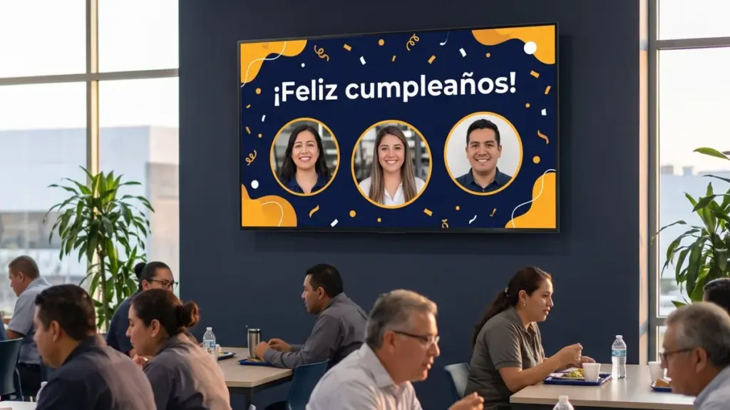 Pantalla de comunicación interna en el comedor de una empresa mostrando los cumpleaños del día
