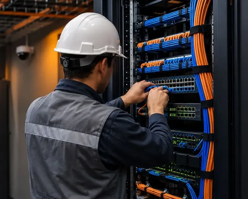 Técnico de ITA Tech instalando cableado estructurado en un rack de telecomunicaciones