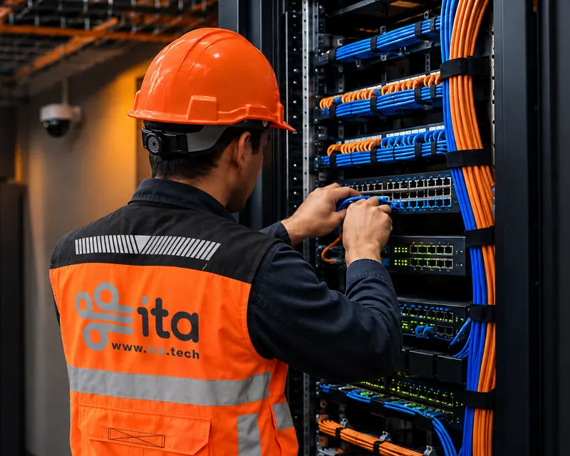 Técnico de ITA Tech instalando cableado estructurado en un rack de telecomunicaciones